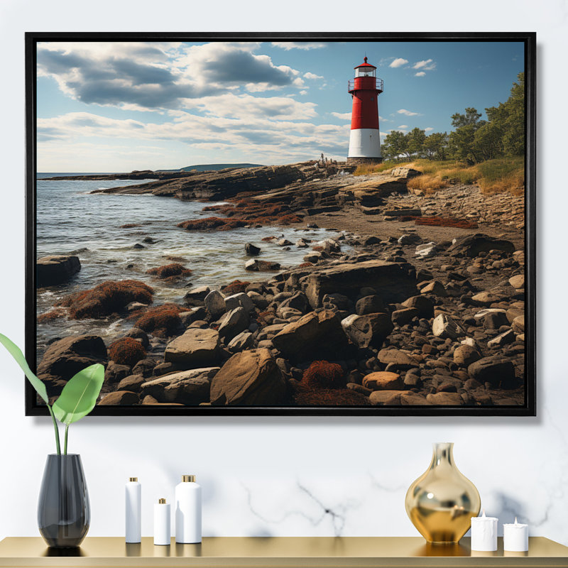 " USA New England Sea Lighthouse ", Black Floater Framed, 16" H x 32" W x 1" D