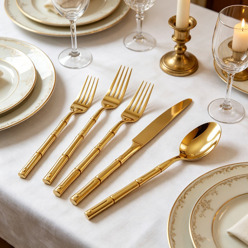 Ensemble de couverts 40 pièces en acier inoxydable doré avec motif en bambou, service de couverts pour 8 personnes, comprend couteaux de table, fourchettes, cuillères, salades, cuillères à thé