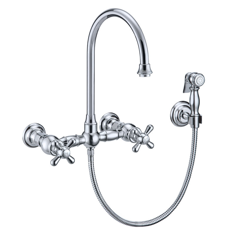 Whitehaus Collection Wall Mount Faucet with Gooseneck Swivel Spout and Solid Brass Side Spray, Polished Chrome, Cross Handles
