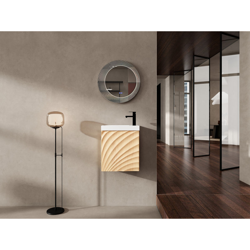 Meuble-lavabo mural 18,5 po avec lavabo en résine, porte simple à fermeture douce, bois naturel, conçu pour optimiser l'espace