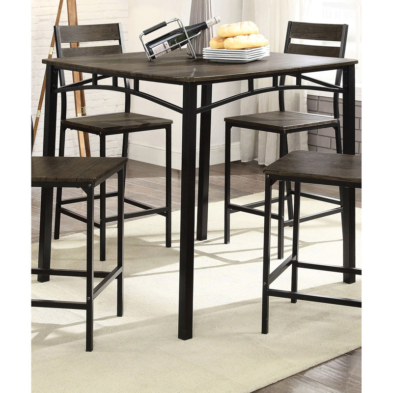Ensemble de salle à manger carré 5 pièces avec 4 chaises hautes à dossier à lattes, finition marron antique et noir, style industriel moderne.