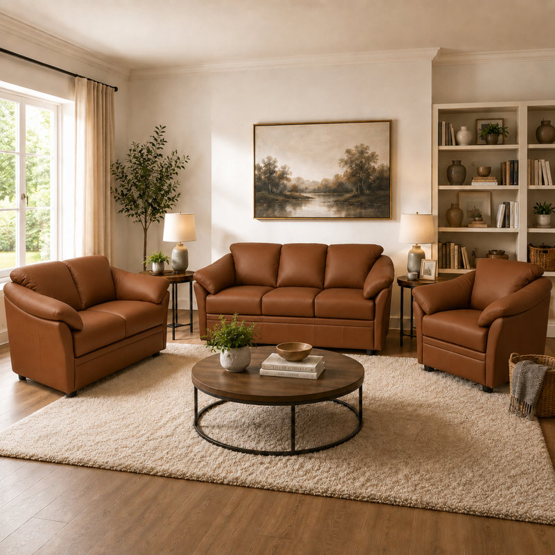 Ensemble de canapés en cuir Ramdev, Canapé, causeuse, fauteuil, Cuir véritable cèdre