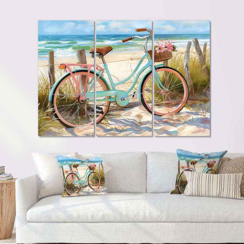 Vélo bleu sur la plage, sentier III - ensemble de salon d'art mural côtier, Métal métal, H 28 po x l 36 po x P 1 po