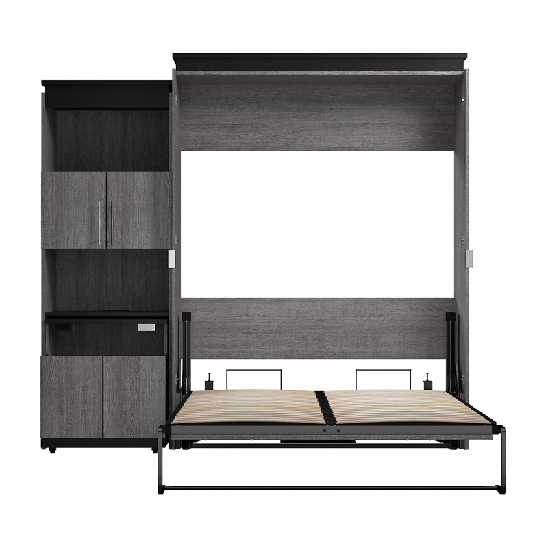 Armiead Murphy Bed with Shelves and Pull-Out out Dewsk, Bark Gray/Graphite, Queen