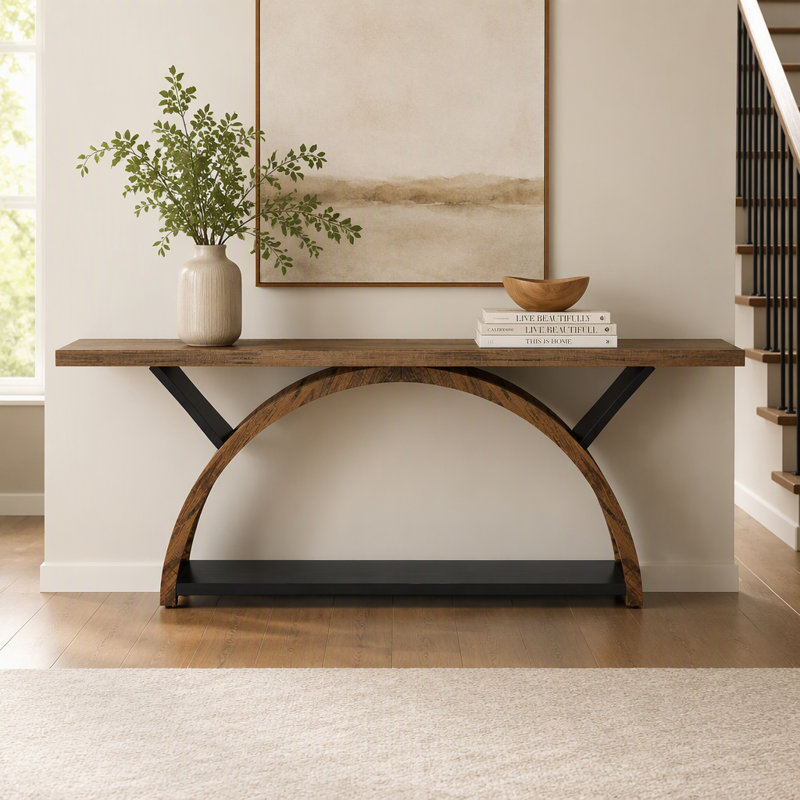 Console à 2 niveaux, table d'entrée 70,9 po avec structure en demi-lune, Brown / Black, Brown