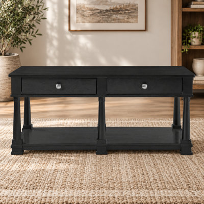 Farmhouse Coffee Table with Storage Drawers and Lower Shelf, Solid Wood Legs, Rectangular Cocktail Table, Black Finish