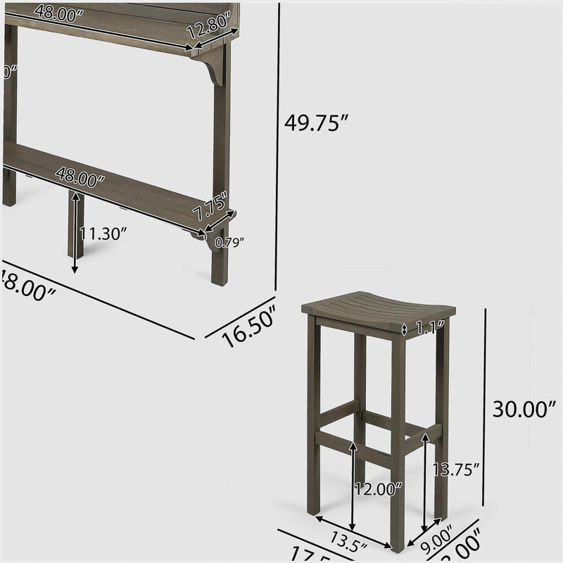 3-Piece Balcony Bar Set with Bottom Shelf Table and 2 Stools, Grey Finish