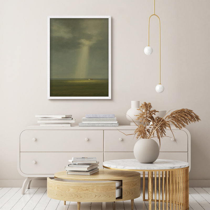 Reproduction d'art encadrée - faisceau de lumière sur une maison lointaine, art de paysage atmosphérique pour des pièces rustiques ou minimalistes