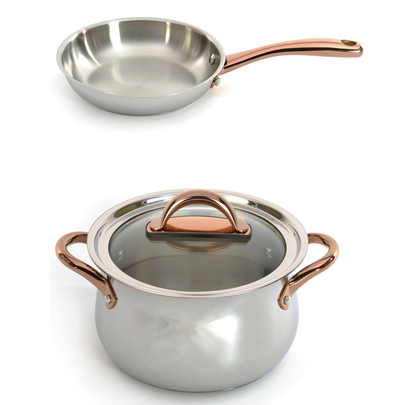 Batterie de cuisine en acier inoxydable Berghoff Ouro Gold 3pc 18/10, couvercles en verre, poignées en or rose