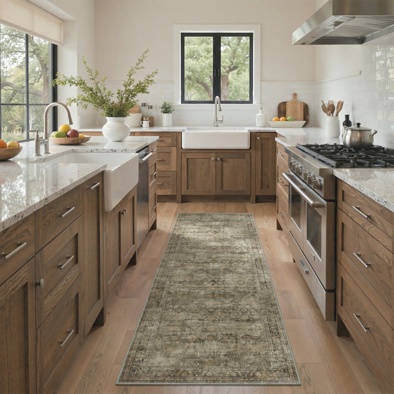 Roehit Heritage Oriental Performance Area Rug - Antique Olive & Charcoal Oushak Faux Wool  - Non-Slip & Machin Washable