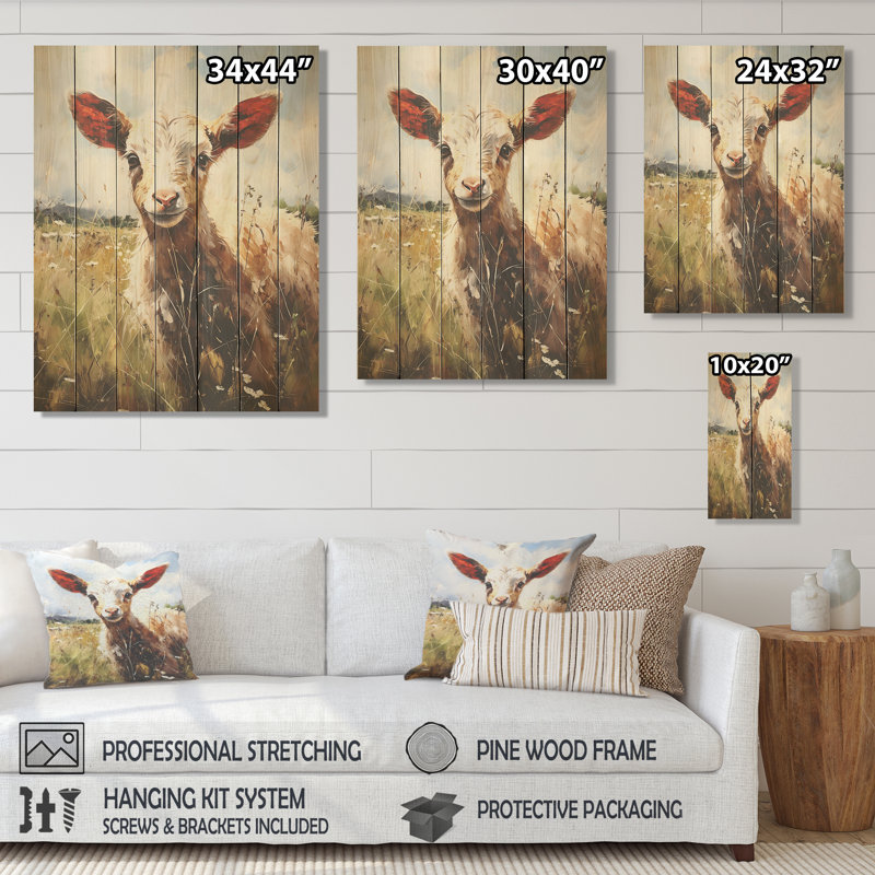 Brown Goat Farm Meadow I - Goat Animal On Wood Print, 40" H x 30" W
