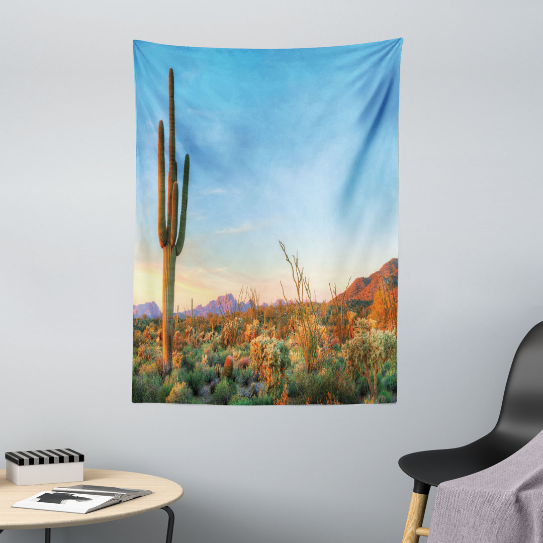 Wandteppich, Sonne in der Wüste Kaktus, Saguaro, Orange Grün Blau