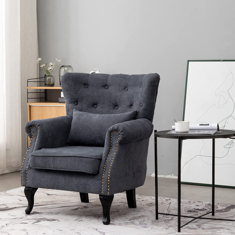 Tufted Wingback Chair, Gray Polyester Blend