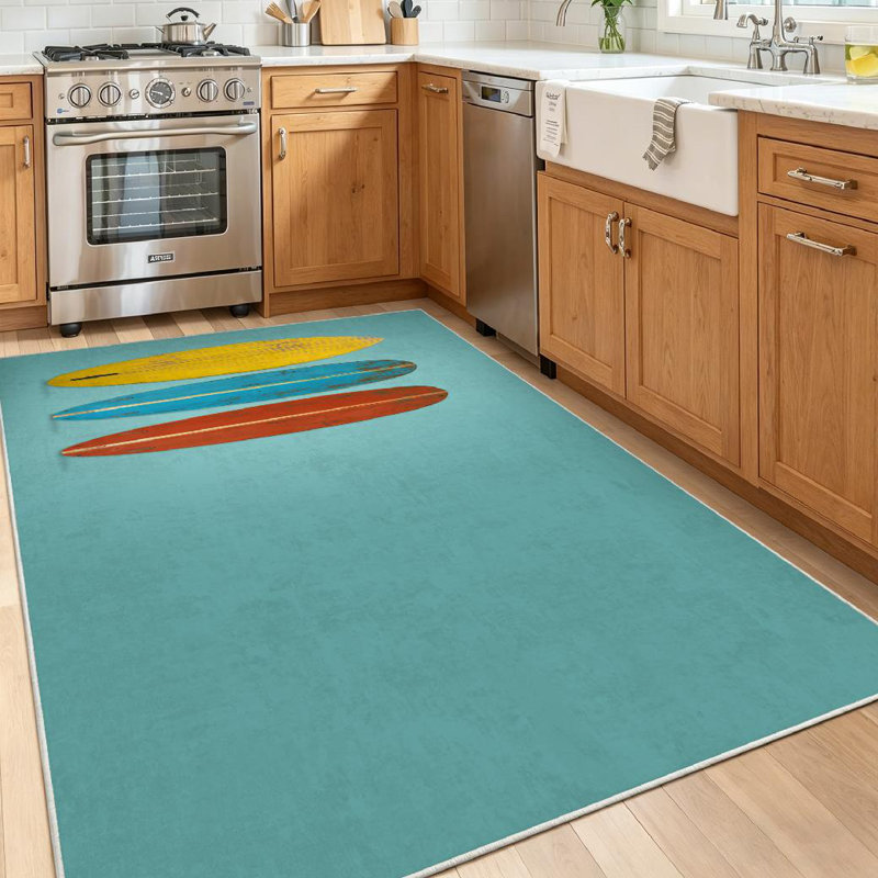 Yellow Vintage Surfboard Color Flat Surf Board Beach Wood Studio Banner Blue Machine Washable Indoor Area Rug