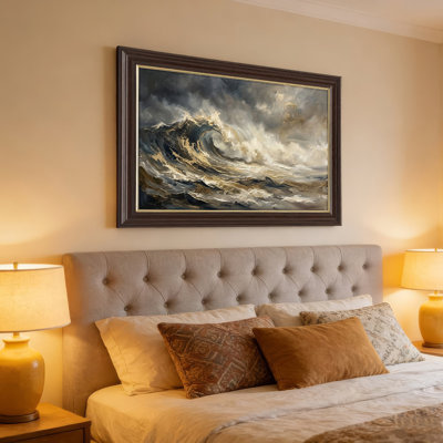 Art mural antique sur toile encadré doré pour le salon, la chambre à coucher, le bureau ou le vestibule - Décoration murale décorative avec mer orageuse