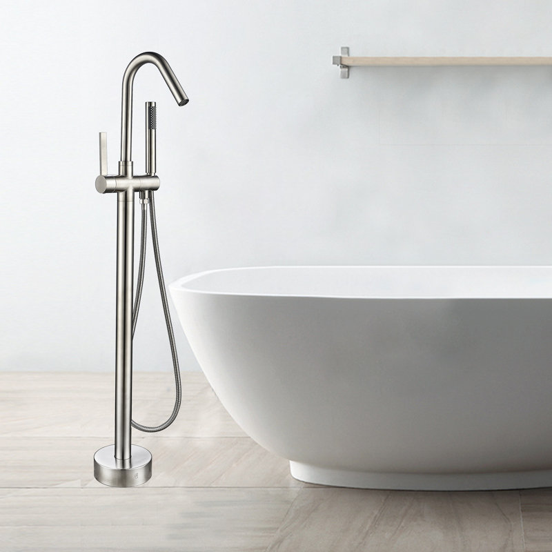 Single Handle Floor Mounted Tub Filler Trim with Handshower, Brushed Nickel
