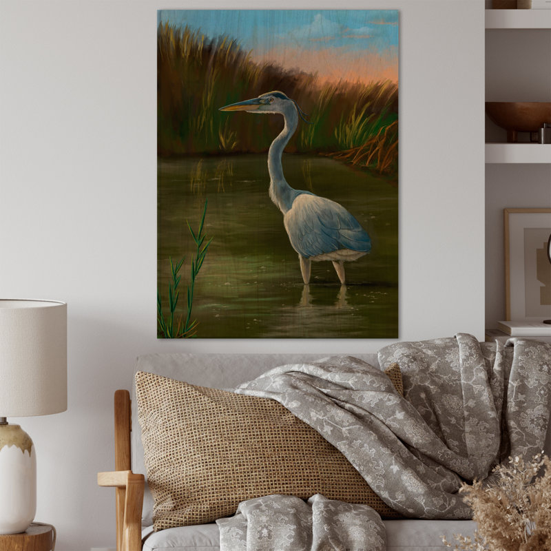 Blue Heron Wetland Bird - reproduction d'art murale traditionnelle, H 20 po x l 12 po x P 1 po, Bois de pin
