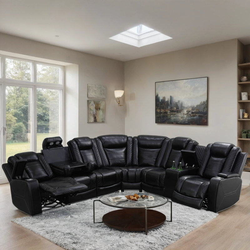 3-Piece Breathing Leather Power Reclining Sectional Sofa With LED Lighting, Wireless Charging, And Storage Console