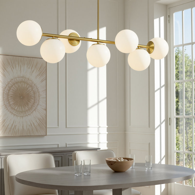 7-Light Glass Globe Modern Gold Linear Chandelier for Dining Room, Gold