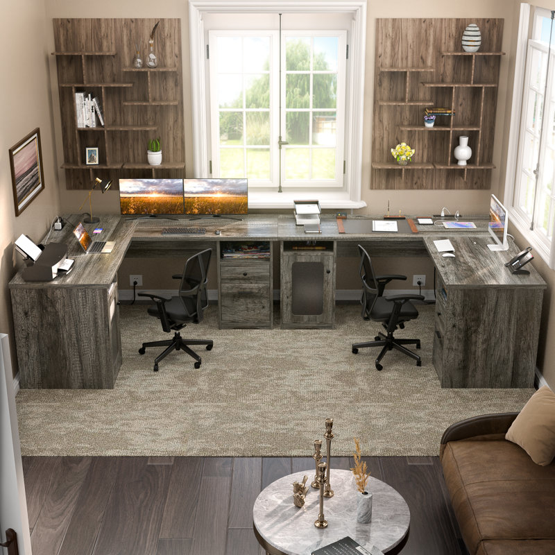 Detcho 60'' L Shaped Executive Desk with Drawers and Power Outlets, Grey