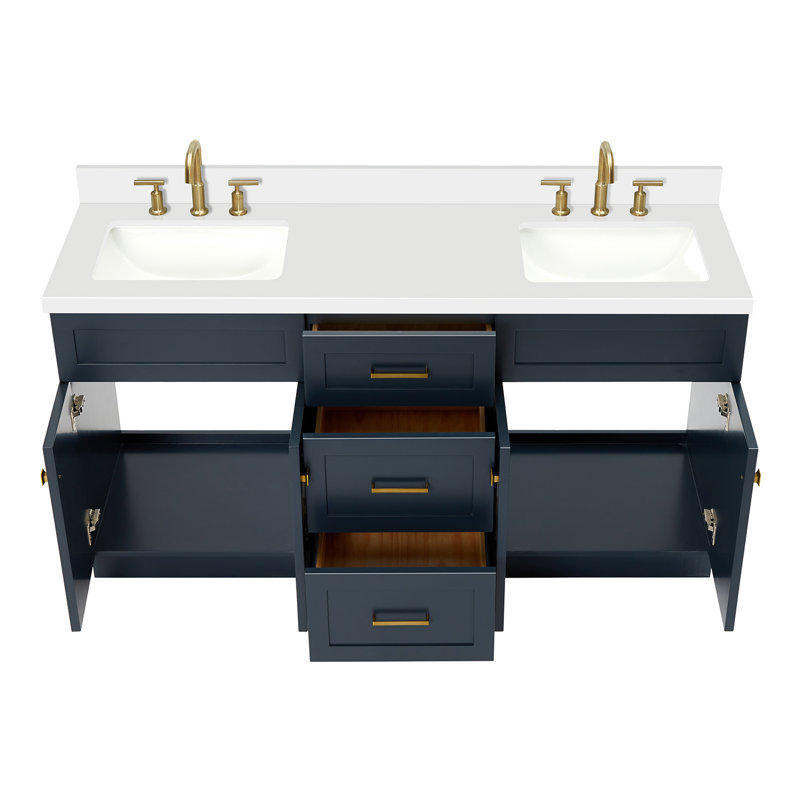 Meuble-lavabo double autoportant de 67 po avec plateau en quartz blanc Hamlet, Bleu
