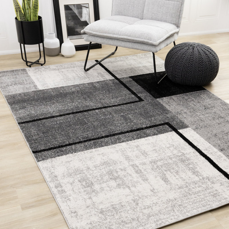 Tapis d'intérieur moderne gris et noir Brue, Rectangle 5 pi 3 po x 7 pi 7 po
