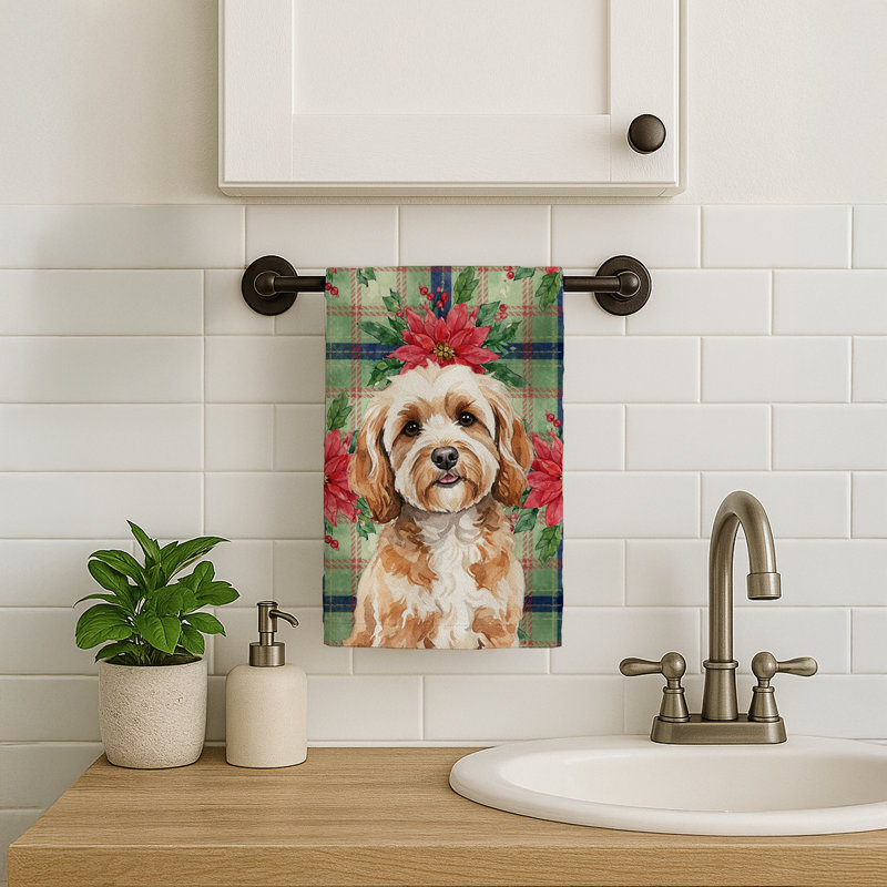 Cavapoo Christmas PoinsettIas Kitchen Towel, White/TanCavapoo