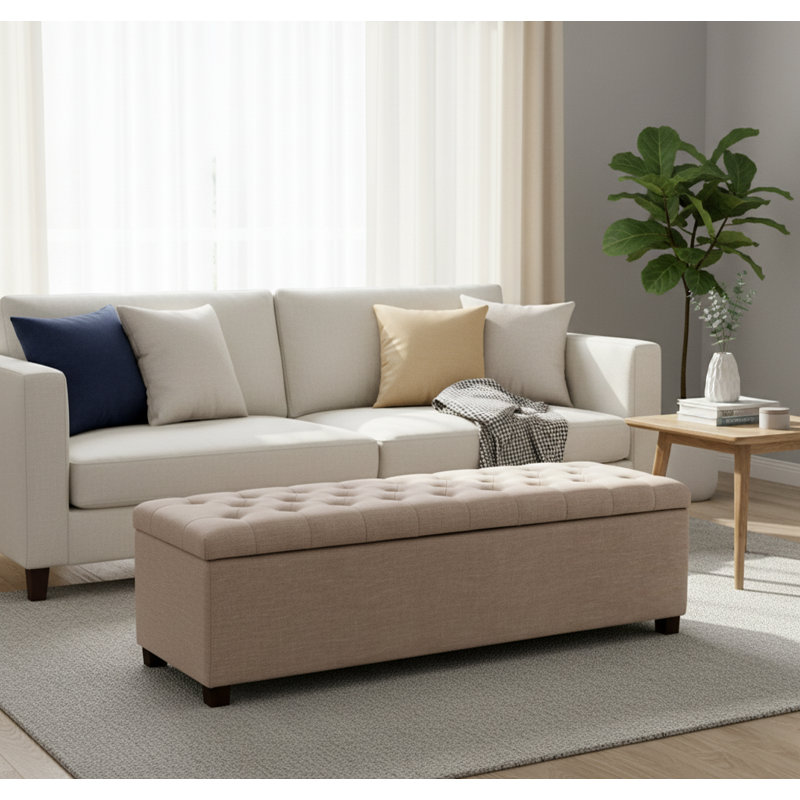 Linoso Chesterfield Storage Ottoman Bench, Tufted Upholstered Footstool with Hinged Lid and Square Wooden Legs, Sand Linoso