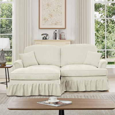 Mid Century Large Two Seater Modular L Shaped Sofa Couch With Flared Arms And Removable Ruffles Pleats Skirts And Spindle Legs, Comfy Chenille Loveseat Sofa With Movable Ottoman