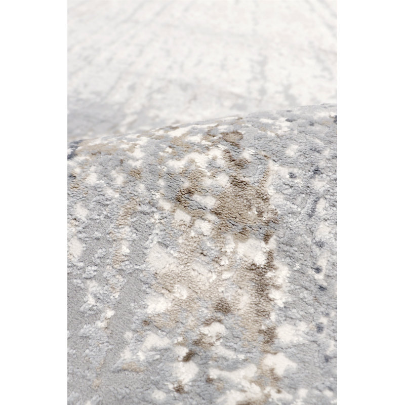 Round Gray and White Synthetic Abstract Area Rug
