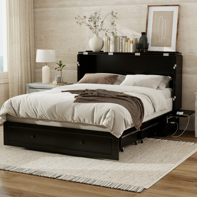 Lit escamotable blanc avec armoire de rangement et tiroirs - Lit escamotable grand format pour petits espaces (matelas non inclus)