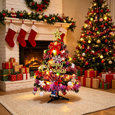 20" Mini DIY Tabletop Artificial Christmas Tree with LED String Lights & Full Ornament Kit, Small Desktop Xmas Tree with Star Treetop, Bows, Snowflake