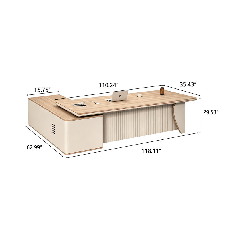 Bureau de direction moderne et luxueux de 118,11 pouces – Bureau d'angle en L en panneaux de particules avec rangement latéral pour bureau de PDG