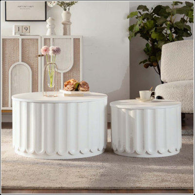 White Round Storage Table Set with Lift-Off Lid and Nesting Design