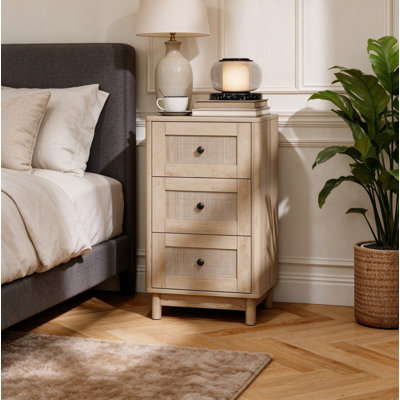 3 Drawer Oak Rattan Bohemian Chest of Drawers Nightstand for Bedroom Hallway