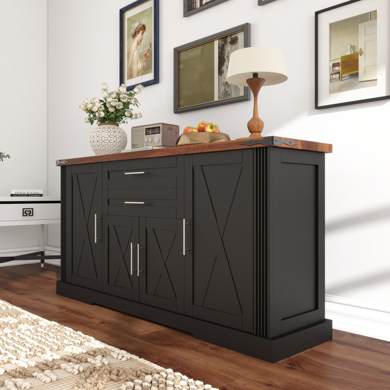 63" Farmhouse Barn Door Storage Sideboard Cabinet With 2 Drawers & Door Rack, Black