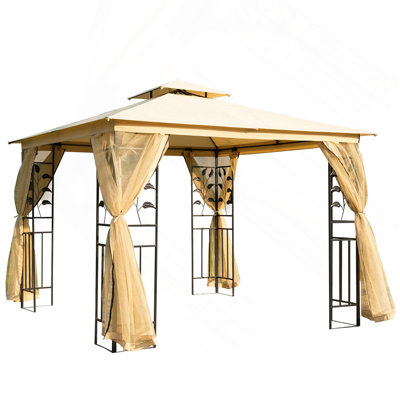 10' X 10' Metal Patio Gazebo, Double Roof Outdoor Gazebo Canopy Shelter With Tree Motifs Corner Frame And Netting,