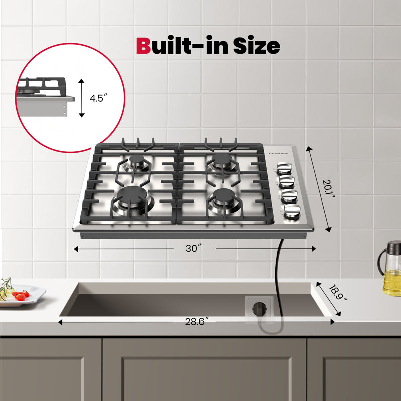 Surface de cuisson au gaz 30 po en acier inoxydable avec 4 brûleurs, convertible au gaz naturel / GPL, certifié CSA