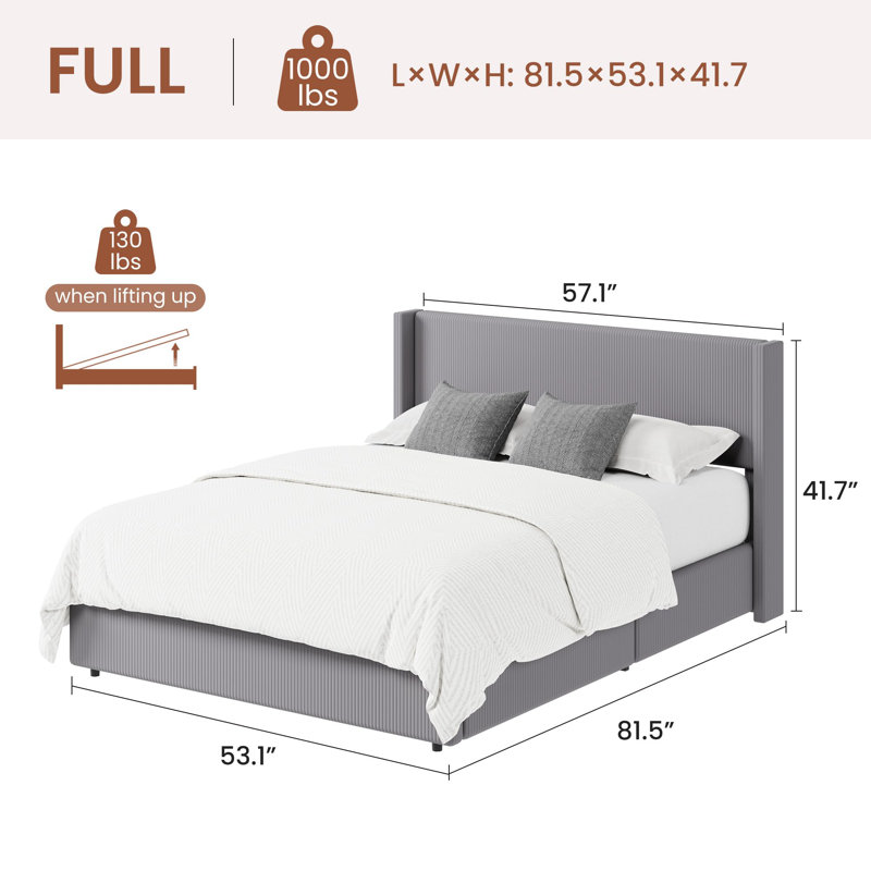 Full Size Bed Frame with Lift Up Storage, Corduroy Upholstered Platform Bed with Wingback Headboard, Solid Wooden Slats, No Box Spring Needed, Hydraulic Support, Grey