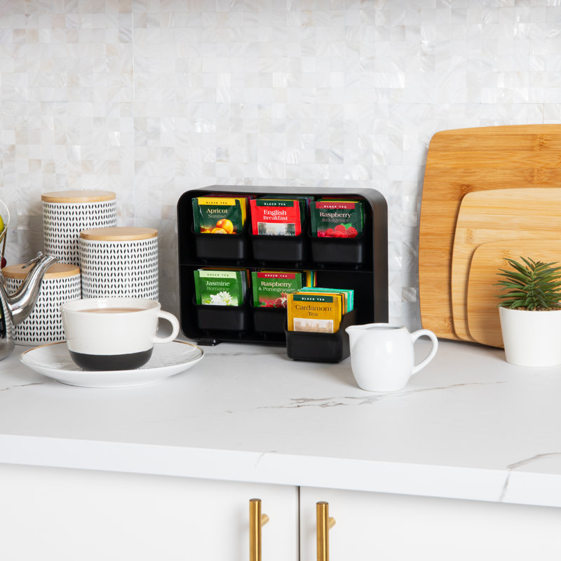 Black Plastic 6-Drawer Tea Bag Organizer for Countertop Storage