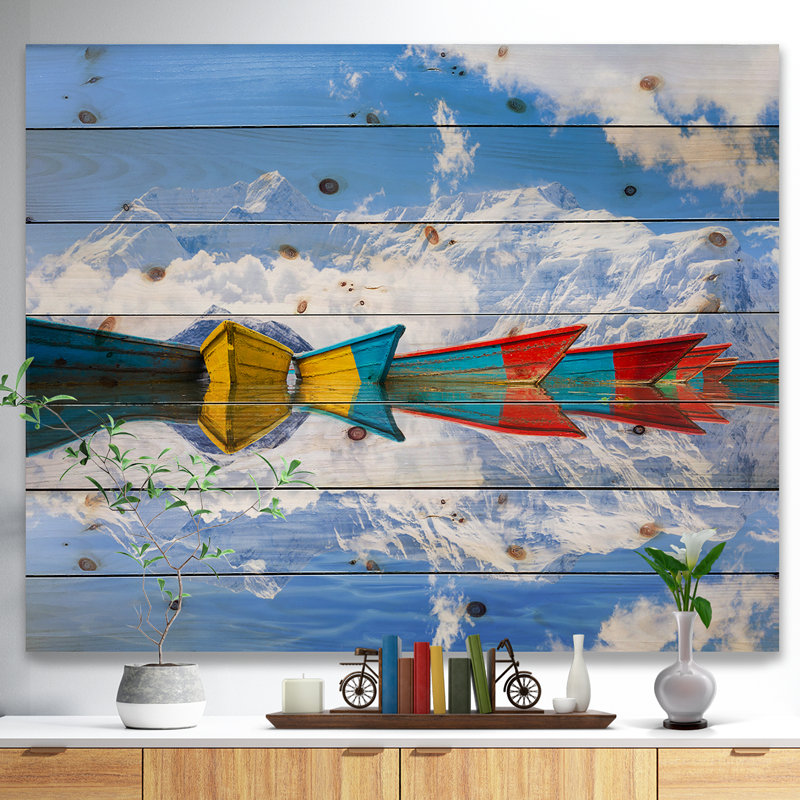 «Déplacement de bateaux colorés dans le lac», impression, H 30 po x l 40 po x P 1,5 po, Bois