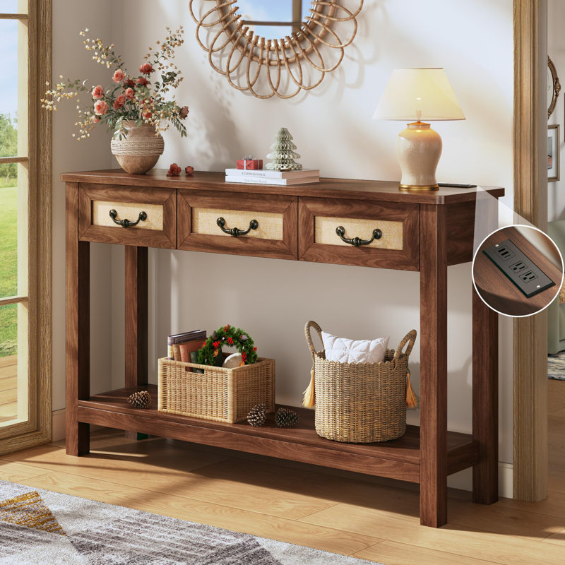 Console Canei 47,2 po avec 3 tiroirs en rotin, Brun