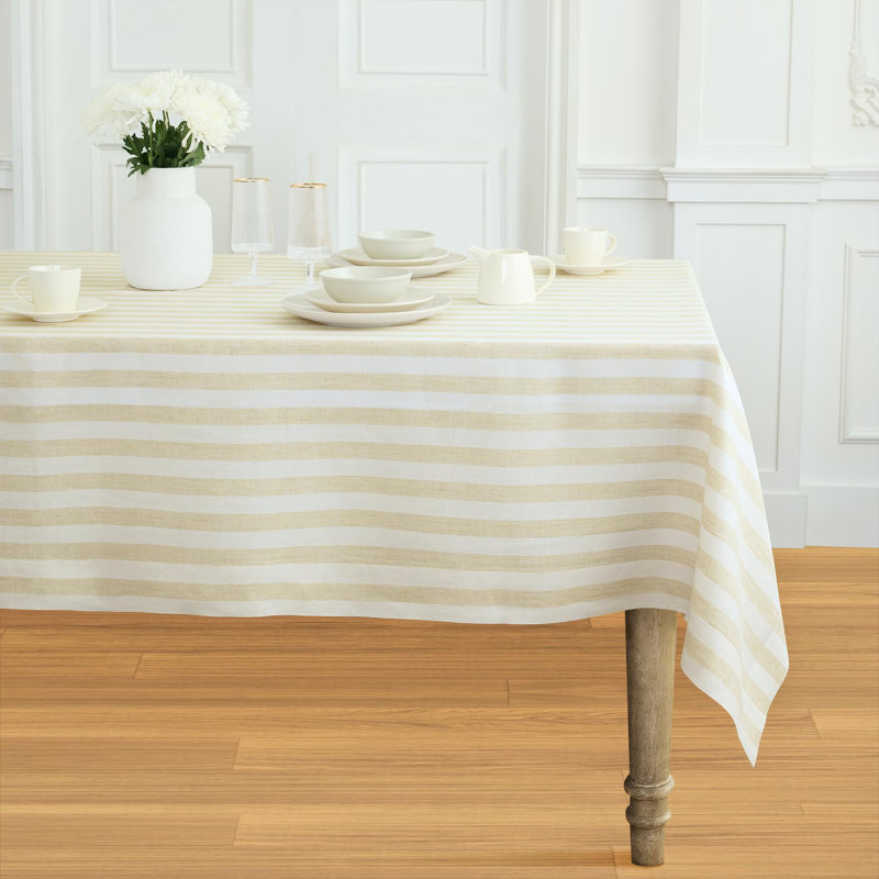 100% Pure Linen Tablecloth -Sorrento Stripe, 144" L x 60" W, Natural/White