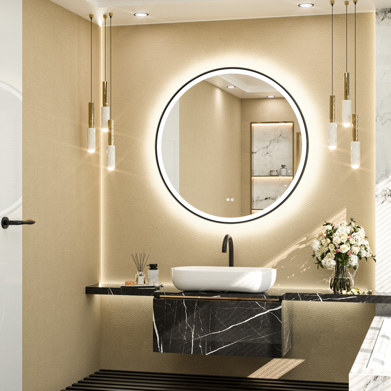 Round Framed Dimmable LED Anti-Fog With 3 Color Adjustment Bathroom Mirror Front&Backlit Vanity Mirror with Tempered Glass