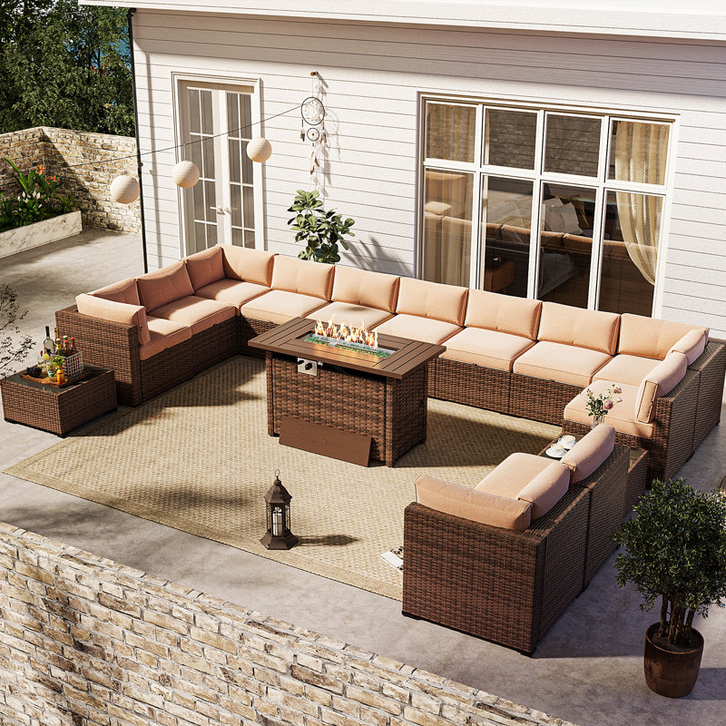 Tomijs 15 Piece Rattan Sofa Seating Group with Fire Fit Table, Cream, Brown