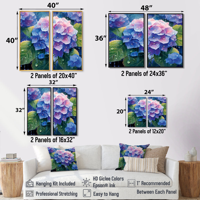 Hortensia bleu et vert - art mural traditionnel 2 panneaux, 32" H x 32" W, Impression encadrée flottante, Gold