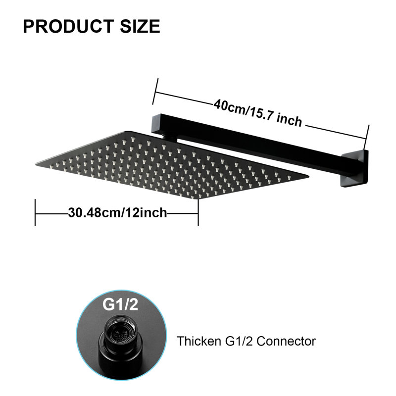 Pomme de douche murale 12 pouces, pomme de douche carrée avec bras de douche, acier inoxydable, nickel brossé, Noir mat