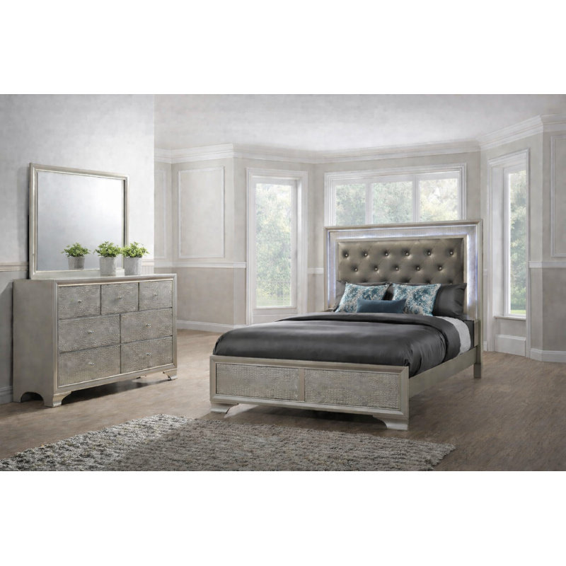 Ensemble de chambre à coucher de luxe à panneau tapissier avec capitonnage à DEL de couleur champagne, 3 Piece, Twin