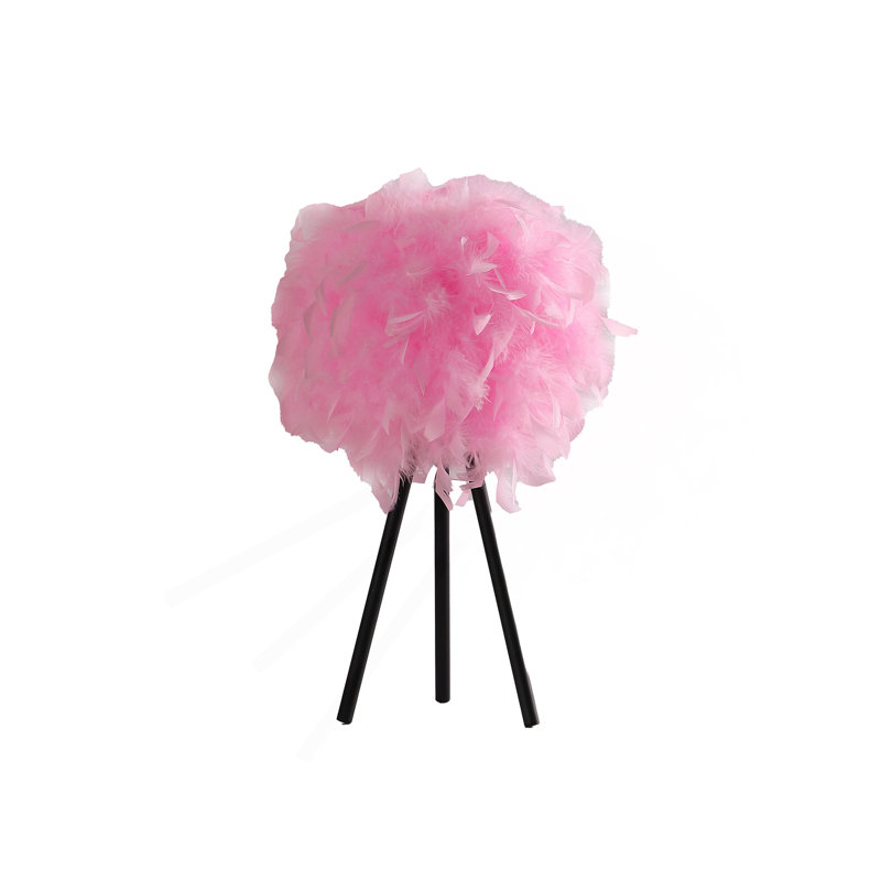 Lampe de table moderne en métal 20,5 po à abat-jour en plumes rose chaud, Noir, Rose