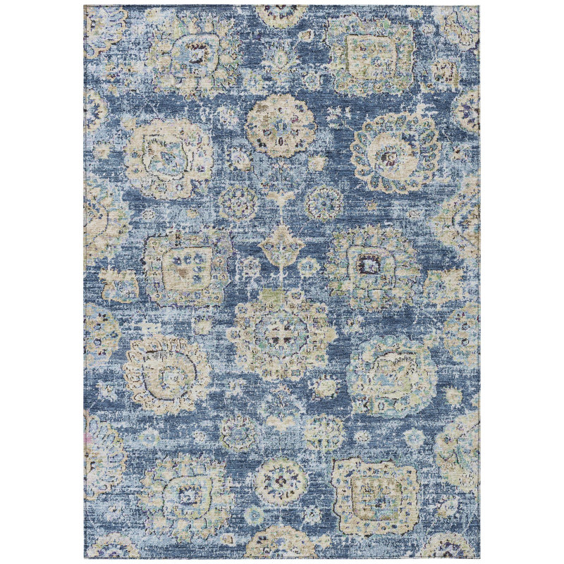 Tapis extérieur lavable floral bleu marine et beige 3 pi x 5 pi